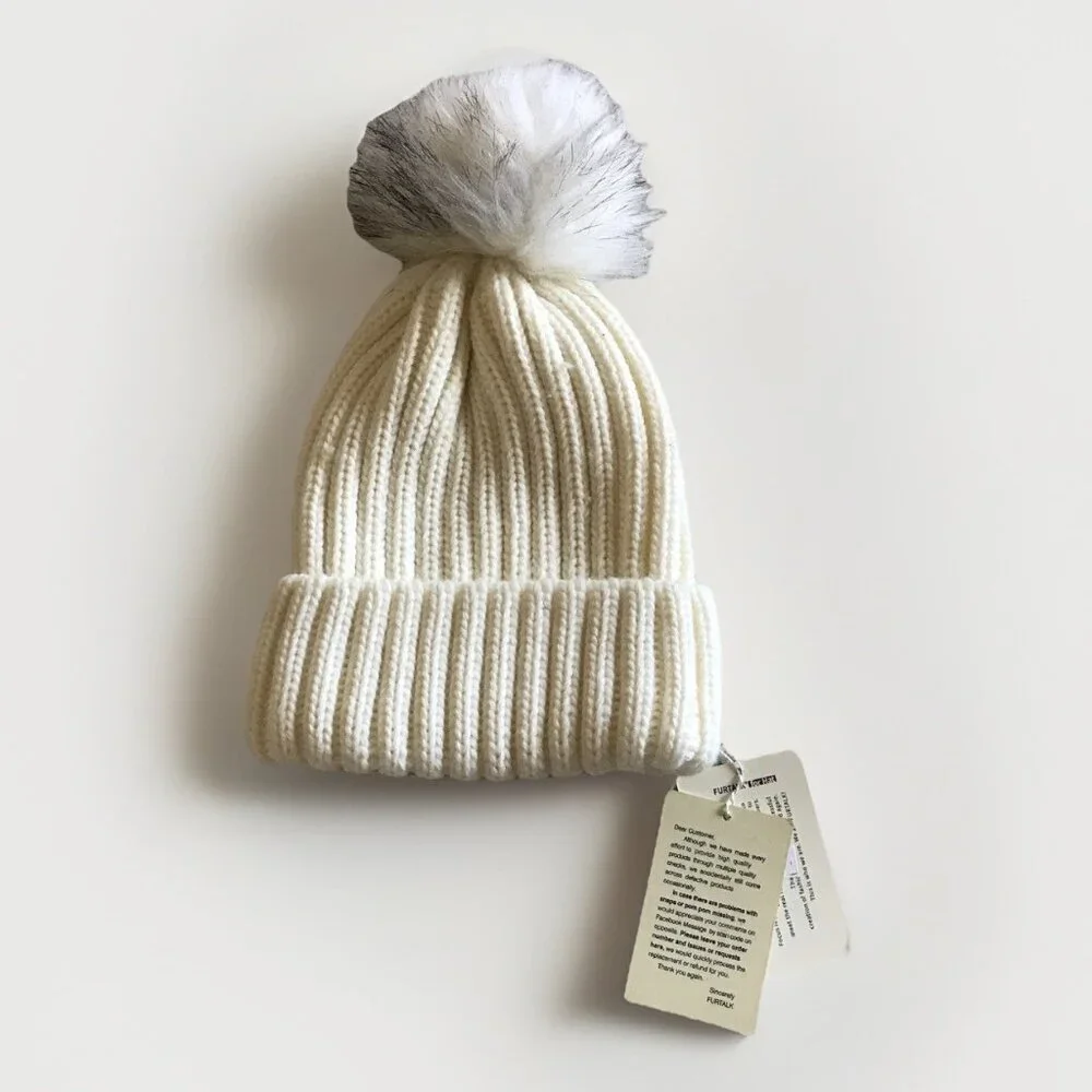 FURTALK Womens Winter Knitted Beanie Hat with Faux Fur Pom Warm‎ Knit White